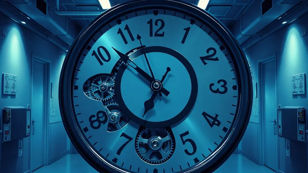 A partially disassembled clock with exposed gears standing in a sterile hospital corridor, symbolizing misaligned regulatory timelines.