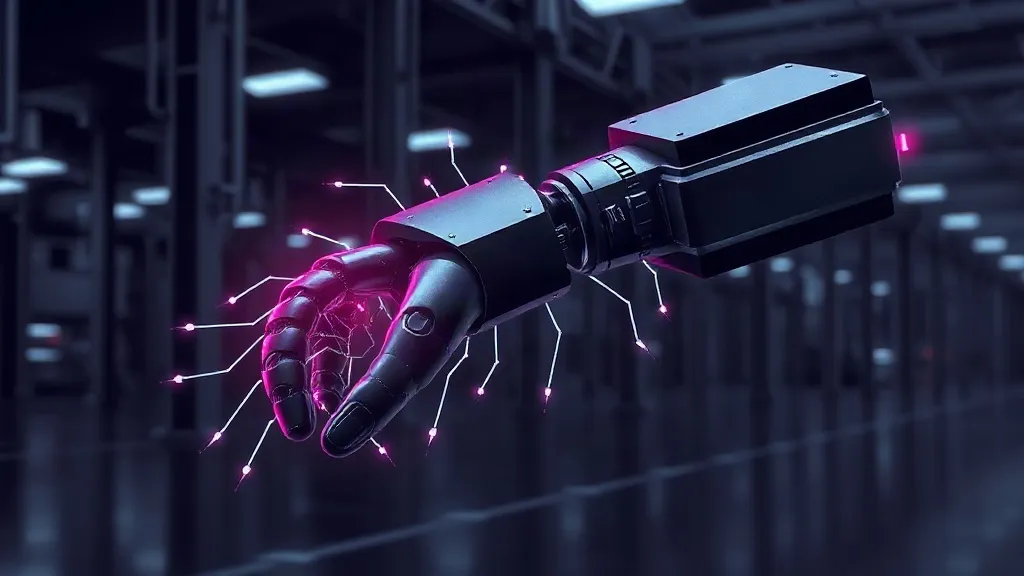 An industrial robotic arm with fractured, glowing circuit patterns spreading across its surface, symbolizing a cybersecurity breach in physical AI systems.