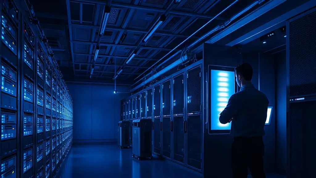 Silhouetted technician inspecting edge-computing hardware racks in a dimly lit industrial control room.
