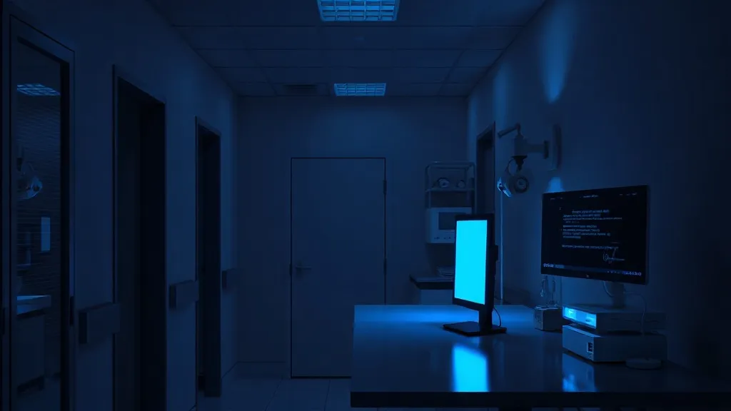 An empty clinical workstation glowing with blue monitor light in a darkened hospital corridor, symbolizing AI decision support running ahead of evidence and oversight.