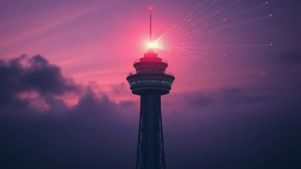An air traffic control tower at dusk with abstract glowing data trails converging in the foggy sky, symbolizing AI decision support in flight operations.