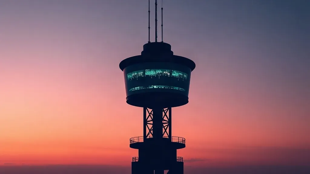 Split silhouette of an air traffic control tower symbolizing divided oversight and commercial interest in aviation AI.