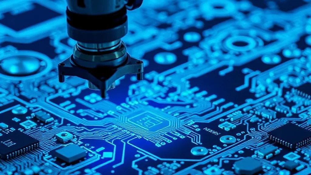 Abstract photograph of a robotic inspection arm scanning a circuit board with layered light beams, symbolizing automated quality inspection.