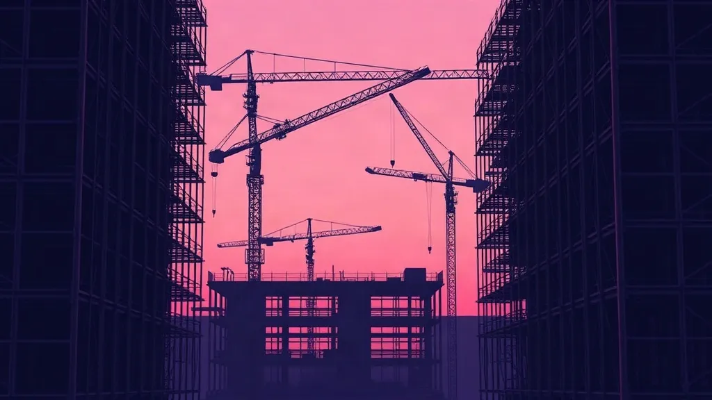 Scaffolding and steel framework around a partially built structure at dusk, symbolizing a regulatory system still under construction.