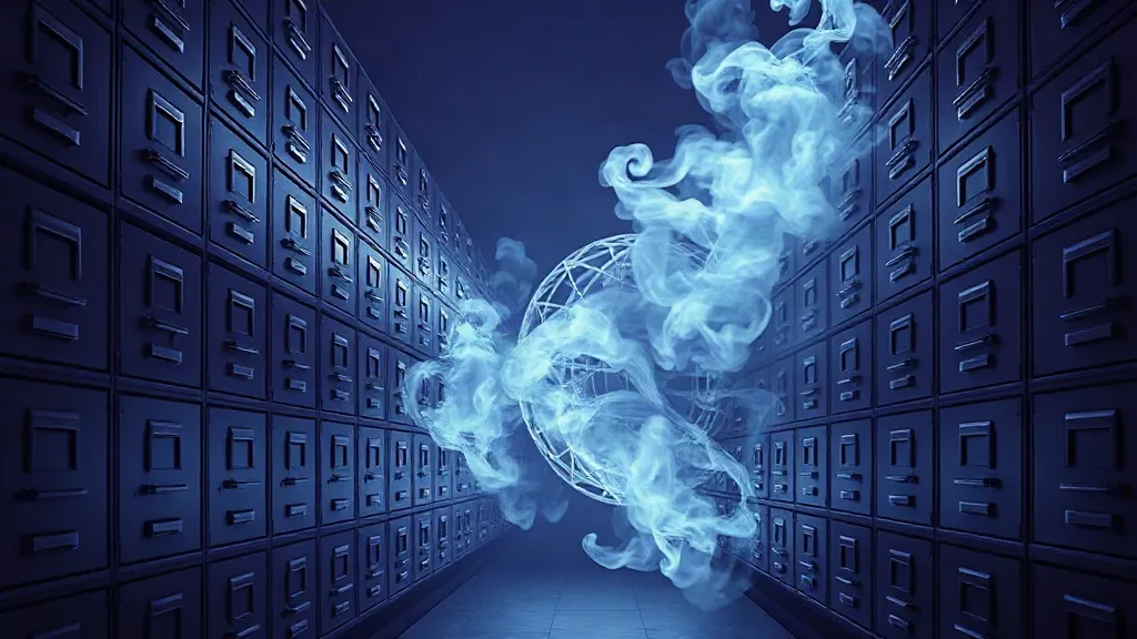 Rows of orderly metal cabinets dissolving into a swirling field of light, symbolizing legacy compliance systems confronting generative AI unpredictability