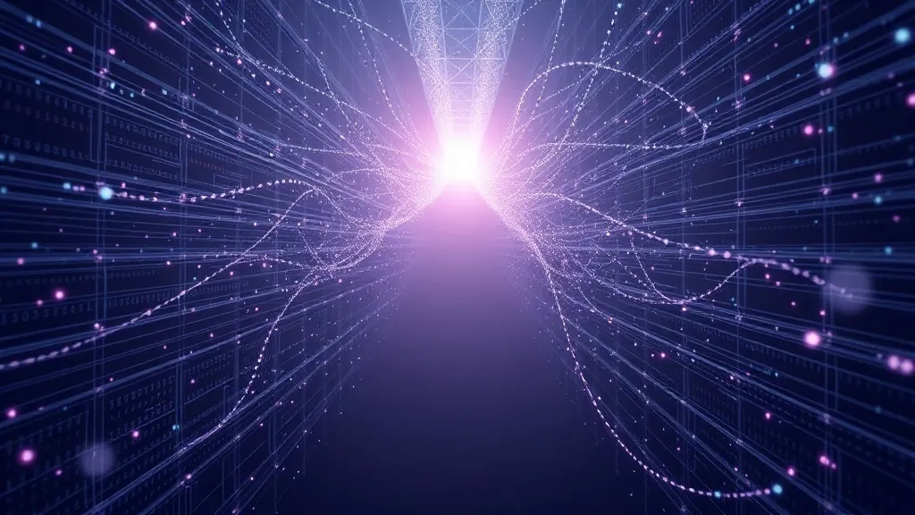 Abstract image of countless glowing data strands funneling into a narrow beam of light, symbolizing regulatory oversight straining against a surge of AI-driven medical data.