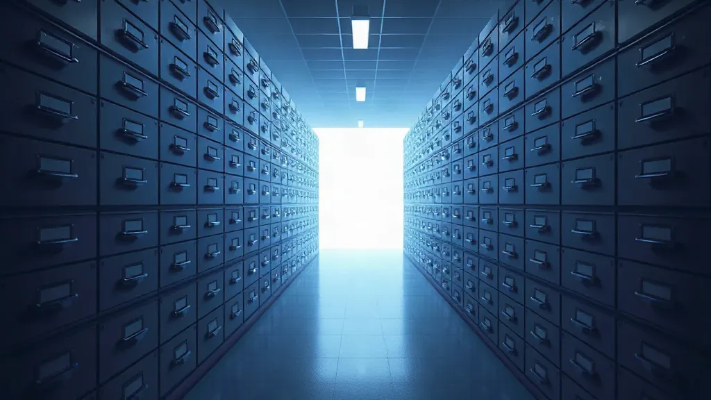 Rows of empty archival drawers in dim light with one drawer open, symbolizing regulatory frameworks not yet built for new AI tools.