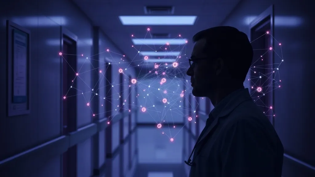An abstract image of a clinician's silhouette overlaid with a translucent glowing data network in a hospital corridor.