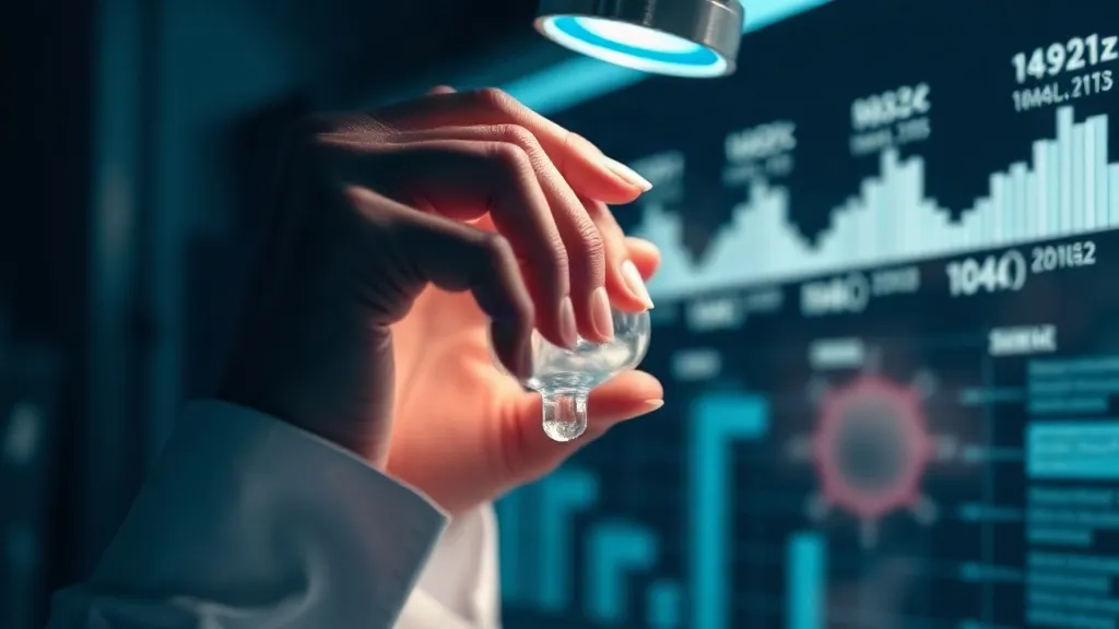 A researcher examines a molecular model in a lab with abstract data visualizations glowing in the background.