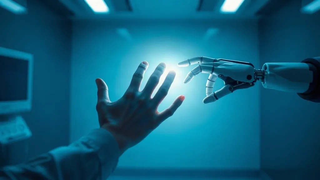 A human hand and a mechanical hand reach toward each other under clinical light, symbolizing shared judgment between physicians and AI systems.