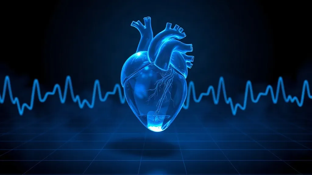 A glass-like translucent heart floating above a faint grid of pulse waveforms, symbolizing AI-assisted diagnostics under regulatory review.