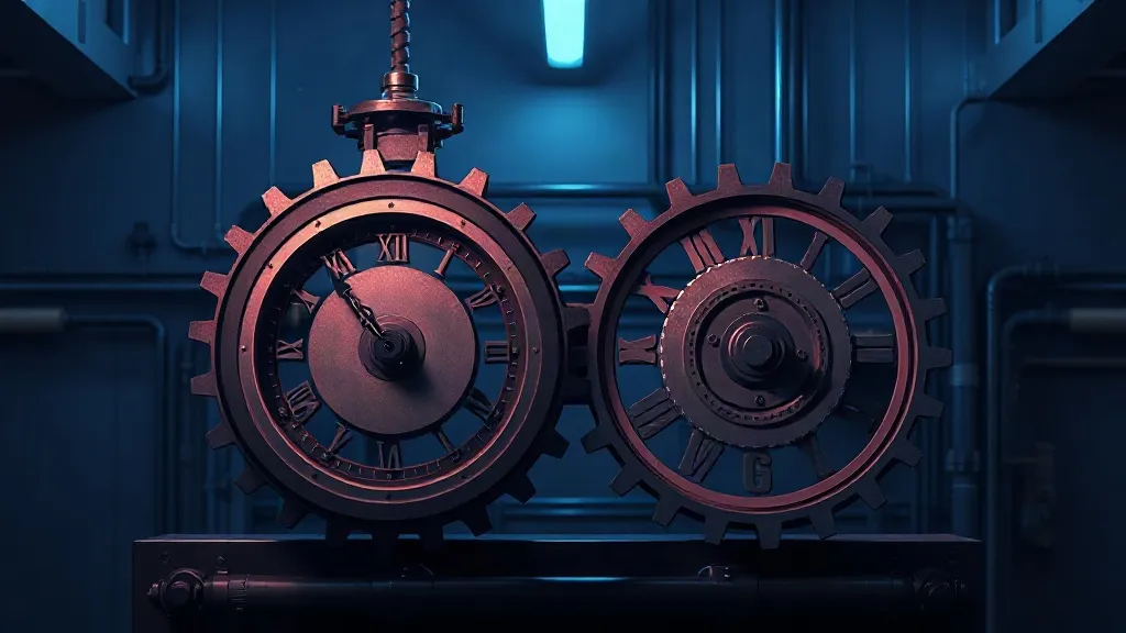 Two interlocking clock gears of different sizes photographed in dim industrial light, symbolizing misaligned regulatory timelines.