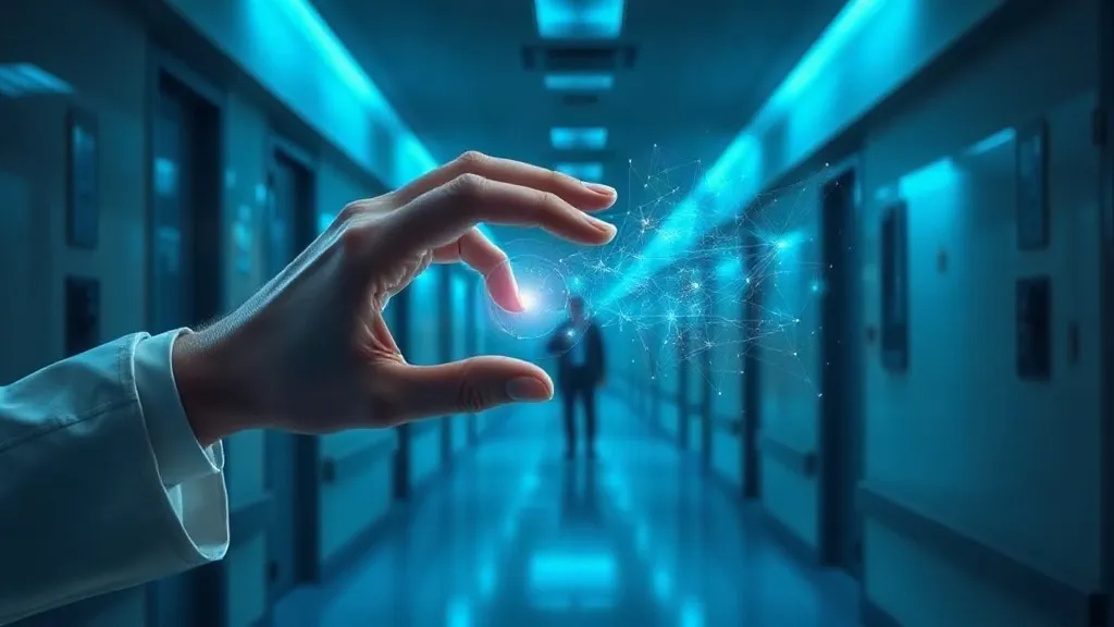Abstract image of a clinician's hand meeting a translucent data structure in a softly lit hospital corridor, symbolizing continuous performance evaluation.