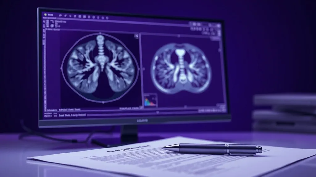 A clinical monitor showing an AI-annotated lung scan beside a regulatory approval document on a desk.