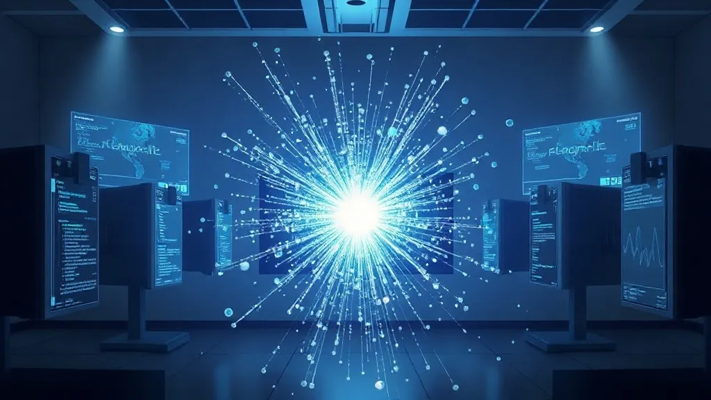 Abstract streams of glowing data particles converging into a single current against a dark clinical backdrop.
