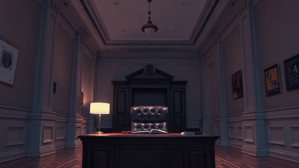 An empty executive office corridor lit by a single desk lamp, evoking a leadership transition inside a regulatory agency.