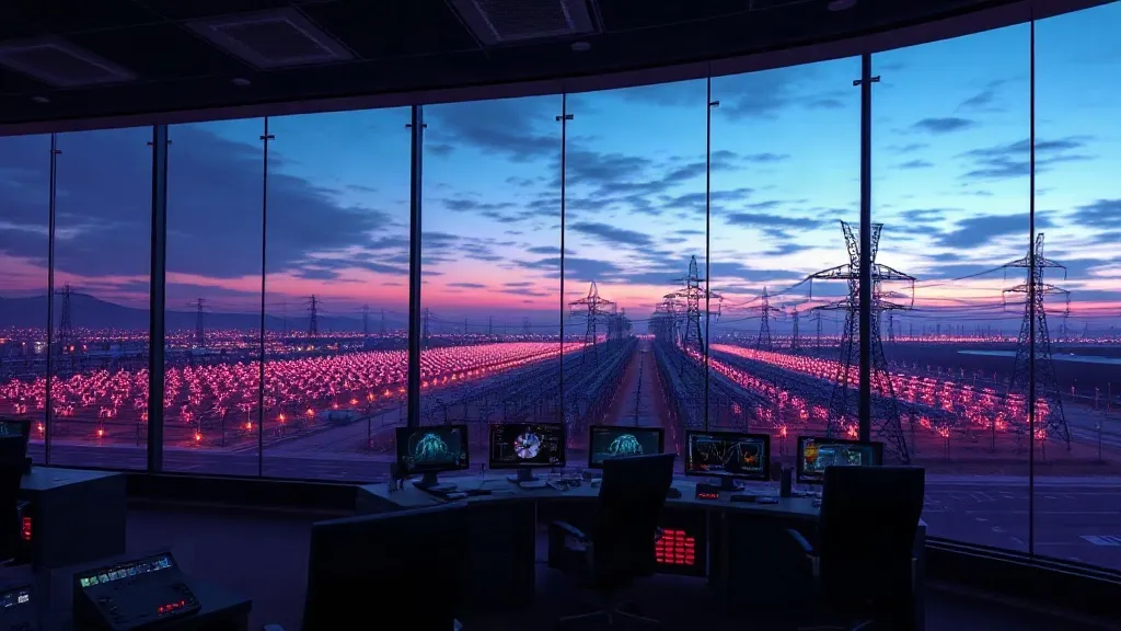 Wide view of a power grid control facility with layered light patterns symbolizing the gap between physical infrastructure and digital compliance oversight.