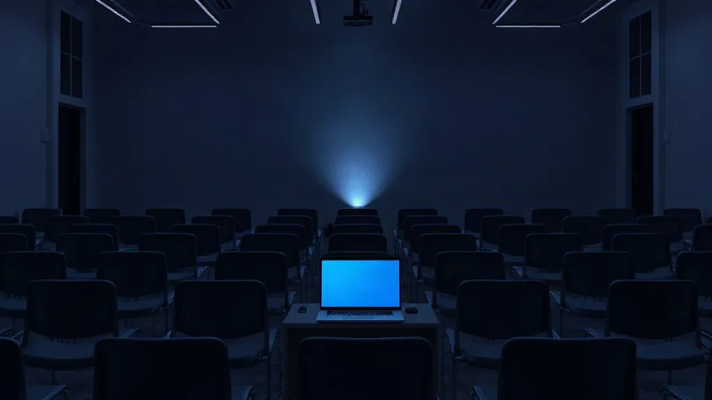 An empty classroom lit only by a glowing laptop screen, evoking unmonitored data collection in education technology.