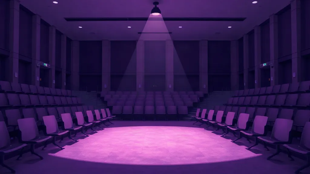 An empty, unevenly lit university lecture hall representing higher education institutions caught between old and new AI governance rules.