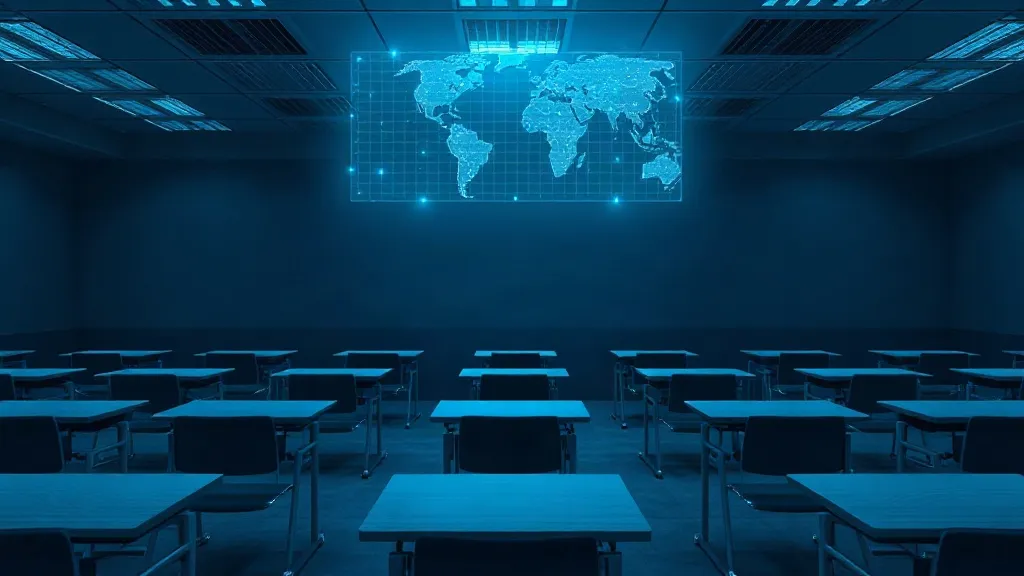 Empty classroom desks bathed in cool blue light with a faint digital grid overlay suggesting data governance.