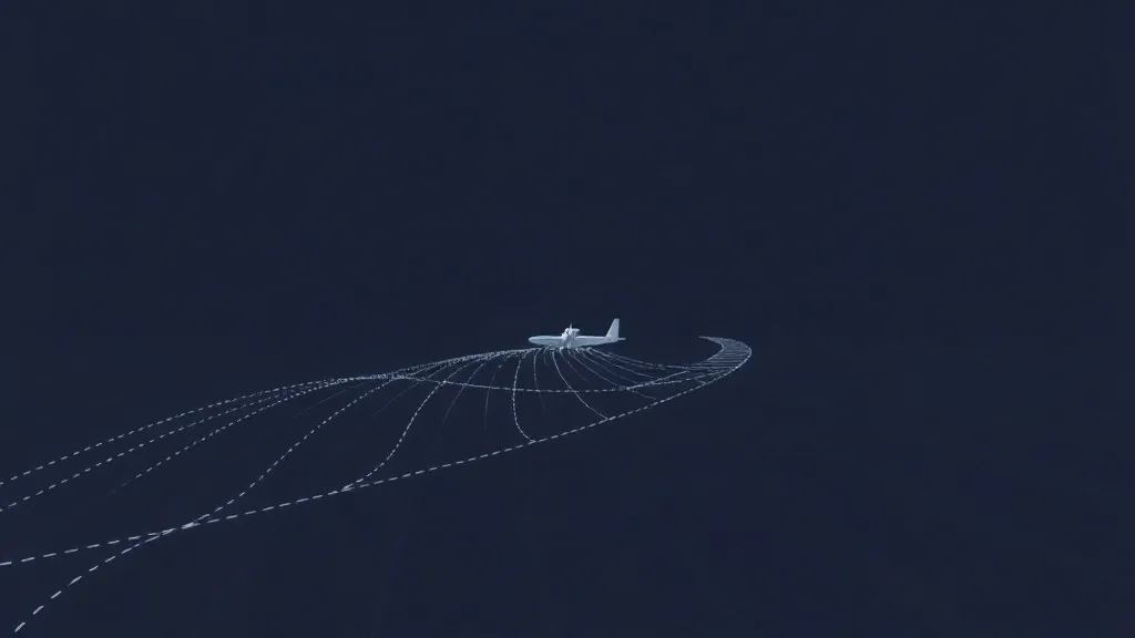 An aircraft flying through a visual representation of fragmented and reconnecting navigation signals against a dark sky.