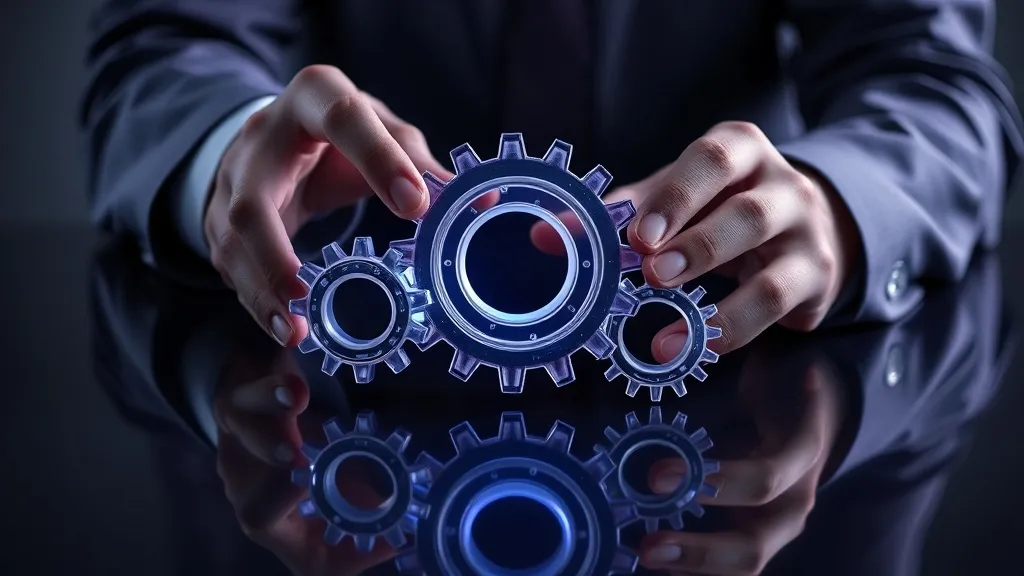 Hands fitting together translucent glass gears on a dark table, symbolizing the mechanics of valuing regulatory governance in a life sciences acquisition.