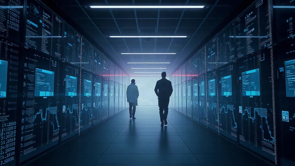 Abstract image of data streams flowing through a laboratory corridor with one strand quietly diverging into shadow, symbolizing an undetected error in an AI-driven research process.