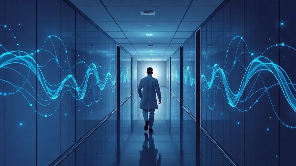A clinician walks through a glass hospital corridor illuminated by abstract flowing light patterns, symbolizing AI governance built inside care settings.