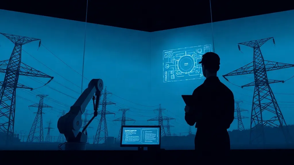 Silhouetted engineer in a substation control room reviewing an abstract holographic diagram beside transmission infrastructure.