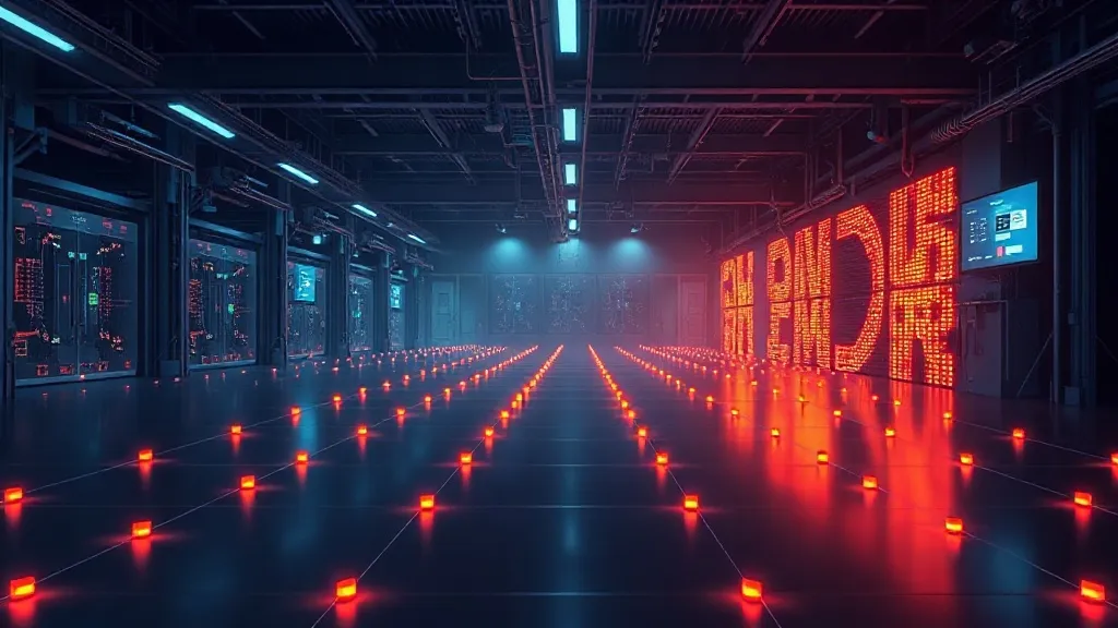 Abstract rendering of interconnected glowing nodes across a dark industrial floor, symbolizing coordinated machine governance.