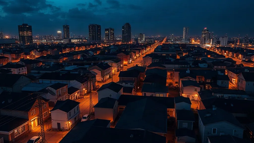 Aerial view of city power lines and lit connections crossing between separately owned buildings and substations at dusk