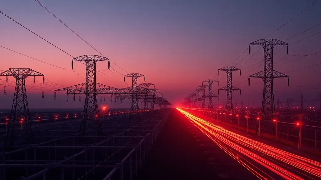 Transmission towers and power lines at dusk with light trails suggesting data flowing through an energy grid