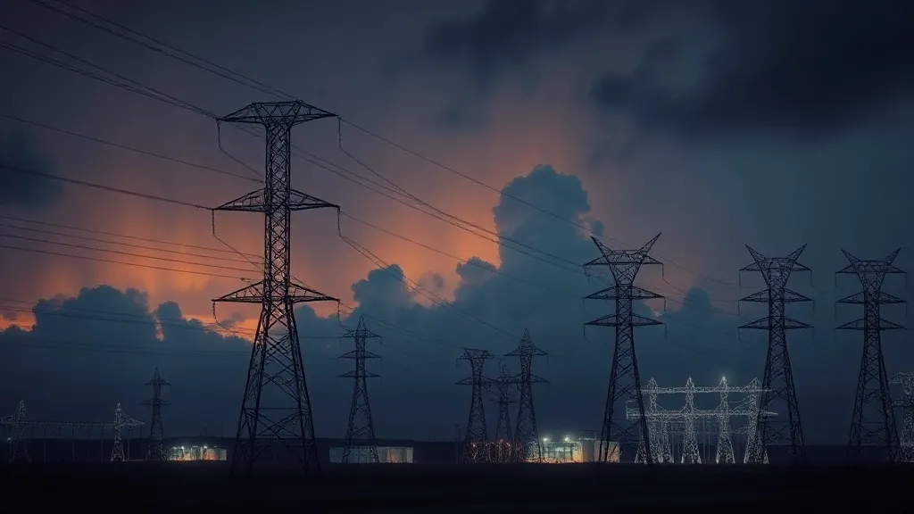 Transmission towers at dusk with faint glowing light pulses along the power lines, symbolizing AI-managed grid infrastructure.