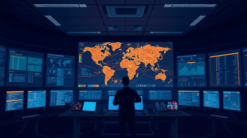 A utility control room operator monitoring grid topology and data flow dashboards at night.