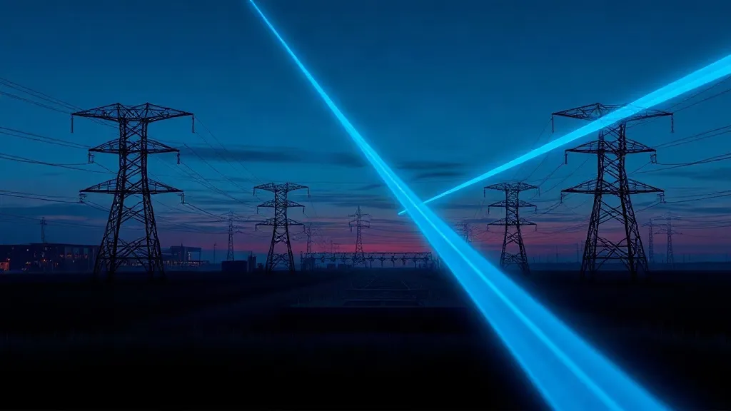 A power substation at dusk crossed by translucent beams of light suggesting data flowing between towers and a control room.
