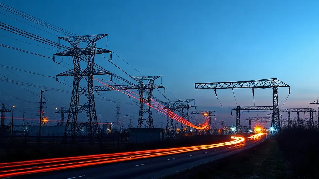A grid substation at dusk with light trails from transmission lines leading toward a distant data center, evoking speed and infrastructure.