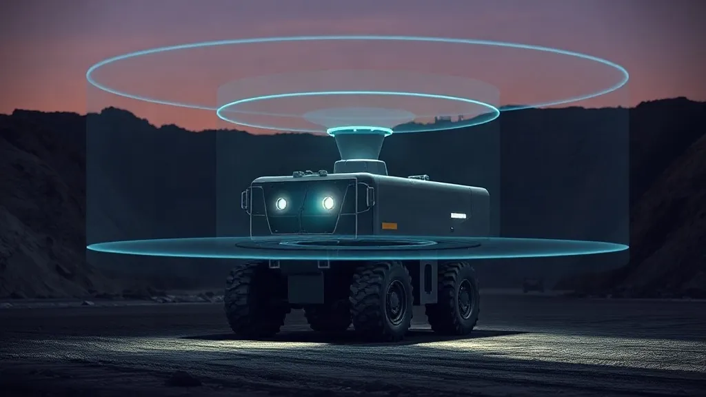 An autonomous mining vehicle operating in an open pit with layered light patterns suggesting overlapping safety and governance systems.