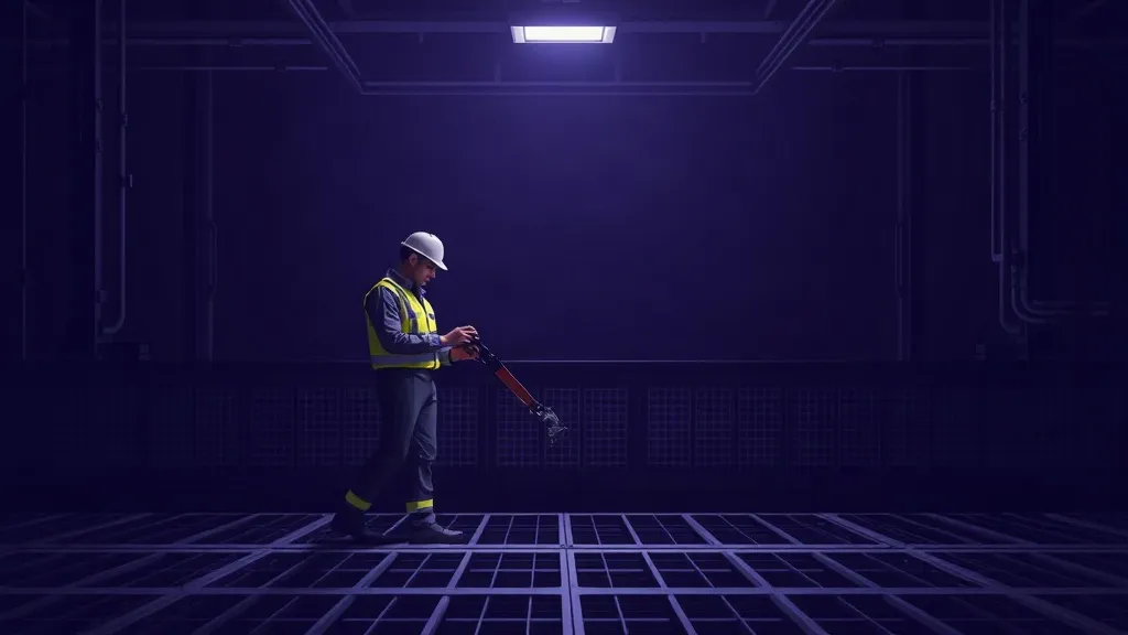 A worker and an industrial robotic arm under a single work light on a dark factory floor, illustrating shared human and machine oversight.