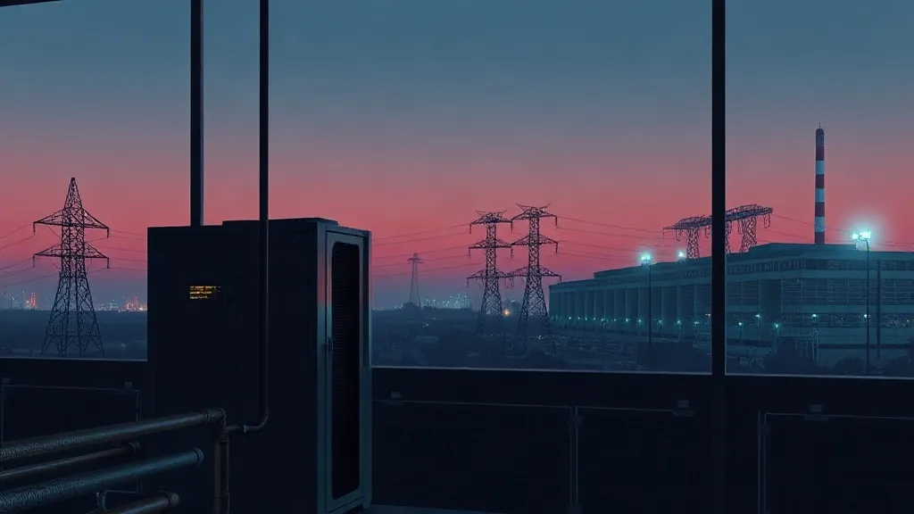 An industrial process unit linked by lines of light to distant power infrastructure and a data center, symbolizing the hidden dependency between AI safety tools and their compute and energy supply.