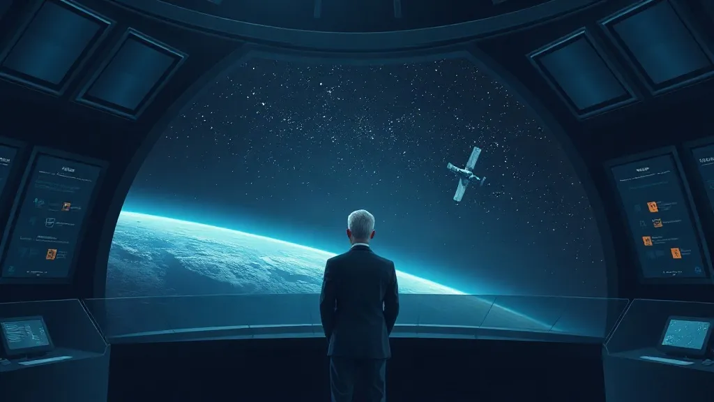 A silhouetted operator stands before a glass console in a dim orbital control center with satellite lights visible through the window.