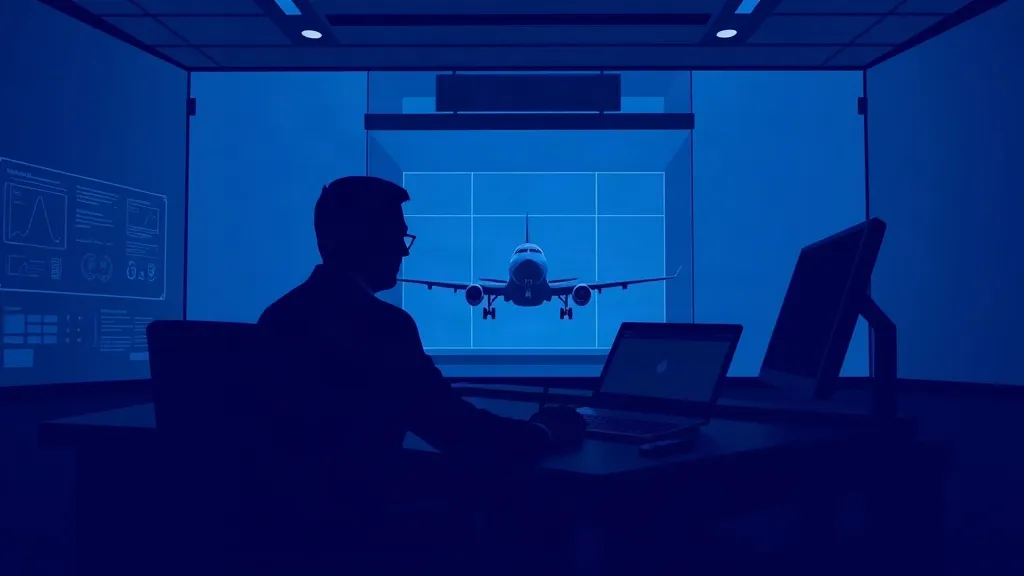 A human operator seated at a console watches over an autonomous aircraft silhouette through a glass wall, symbolizing human oversight of automated flight systems.