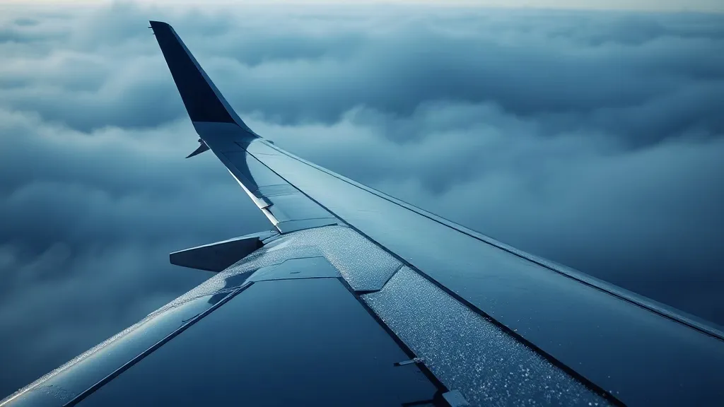 Close-up photograph of an aircraft wing leading edge with ice crystals forming in flight, set against a pale grey sky