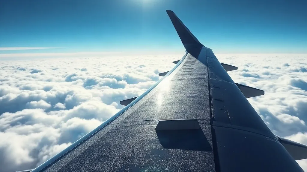 An aircraft wing edge coated in frost passing through icy cloud at altitude.