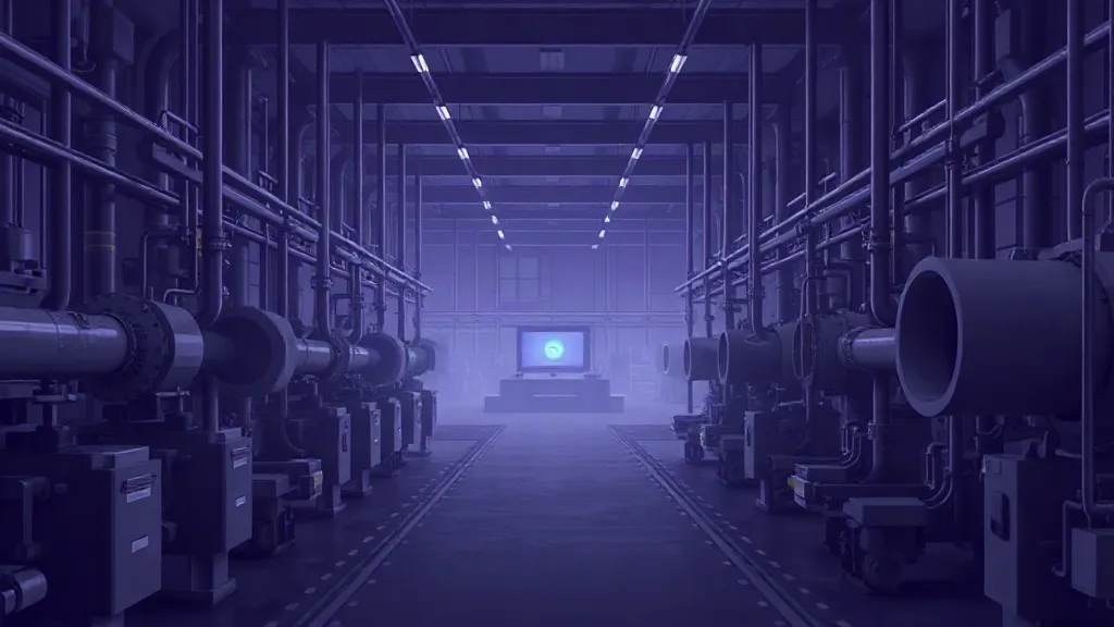 An industrial plant floor with machinery fading into darkness and one lit control room in the distance, symbolizing the gap between AI pilots and governed scale.
