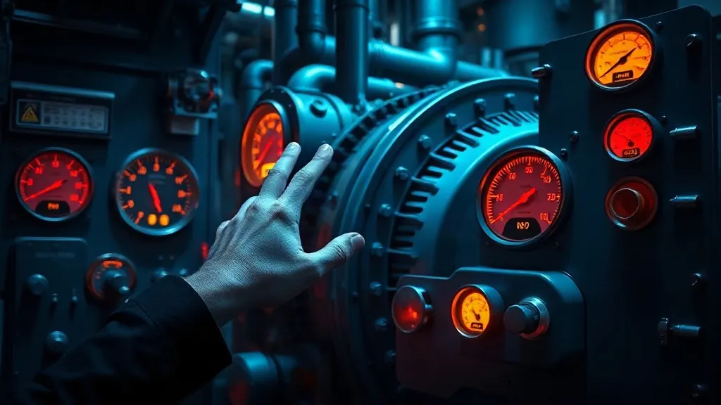 An engineer's hand pauses over analog dials on an industrial control panel under moody blue light.
