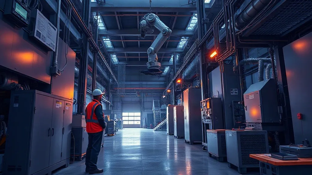 An inspector stands beneath a robotic arm on a dimly lit factory floor, illustrating human oversight of AI-driven safety inspection.