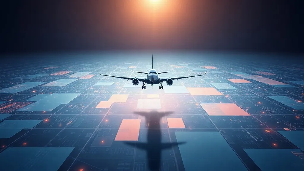 An aircraft silhouette above layered abstract risk grids symbolizing insurance underwriting for AI in aviation
