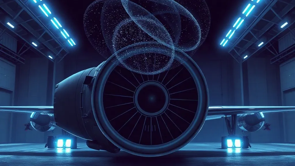 A jet engine in a dim hangar with faint dissolving light particles above it, evoking missing risk data for aviation AI.