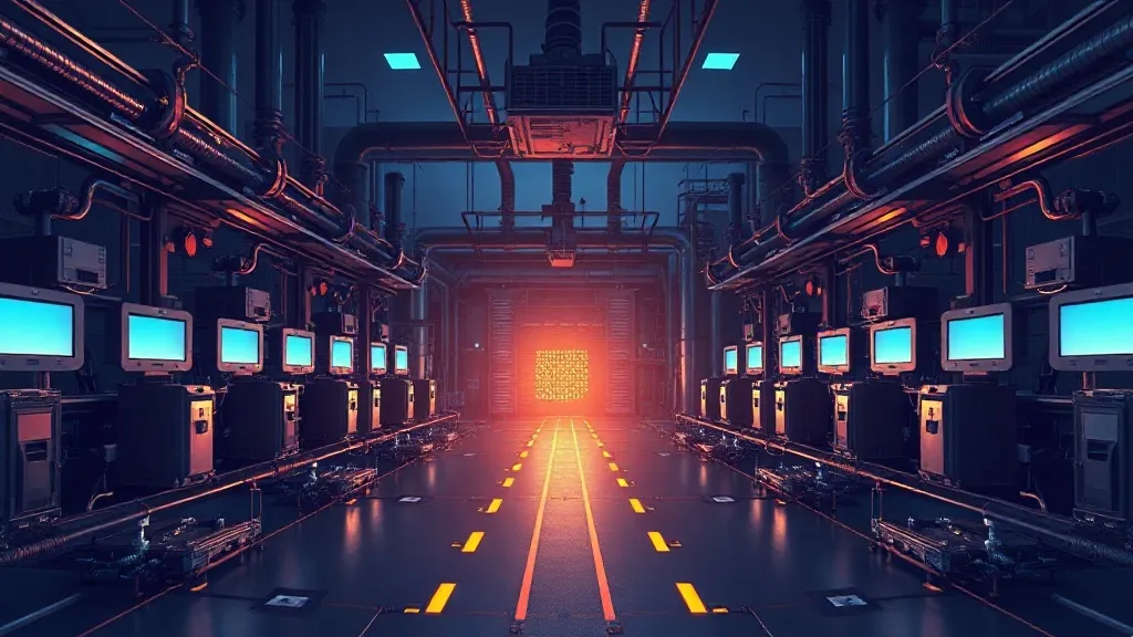 Abstract industrial scene showing multiple light beams converging on a factory floor, symbolizing overlapping compliance frameworks meeting at one operational point.