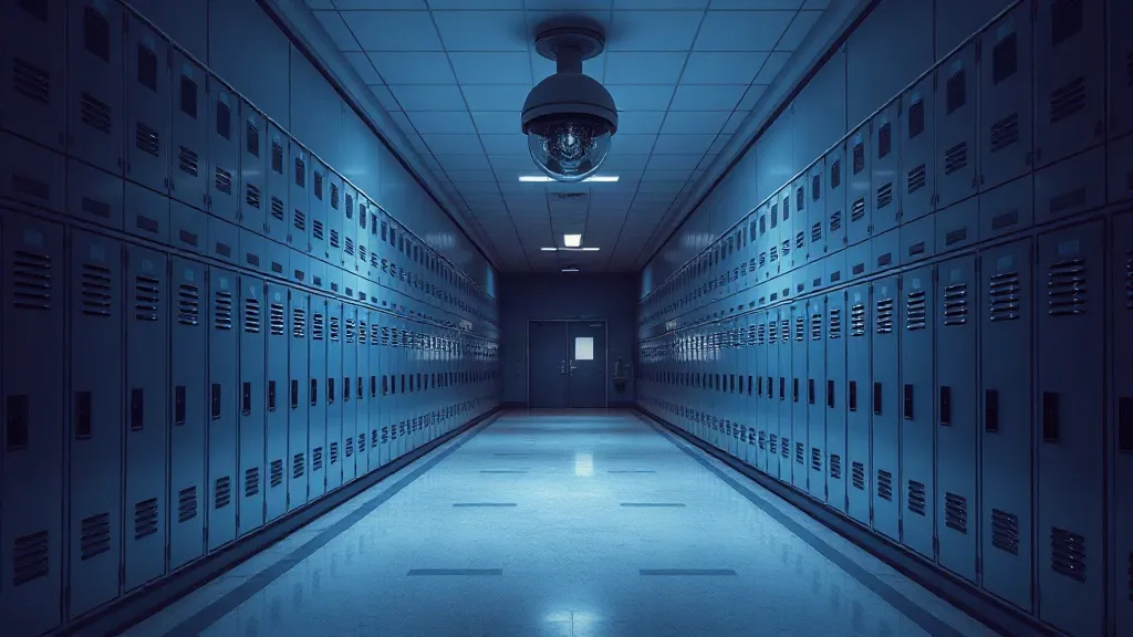 An empty school hallway with lockers and a security camera, evoking institutional oversight without any visible text.